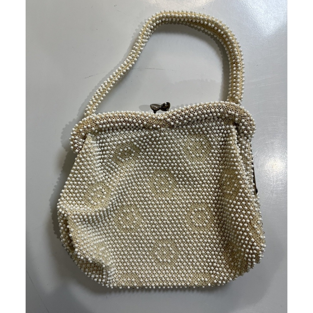 Vintage Cream Corde Lumered Beaded Floral Purse Handbag 1950s 1960s Flowers